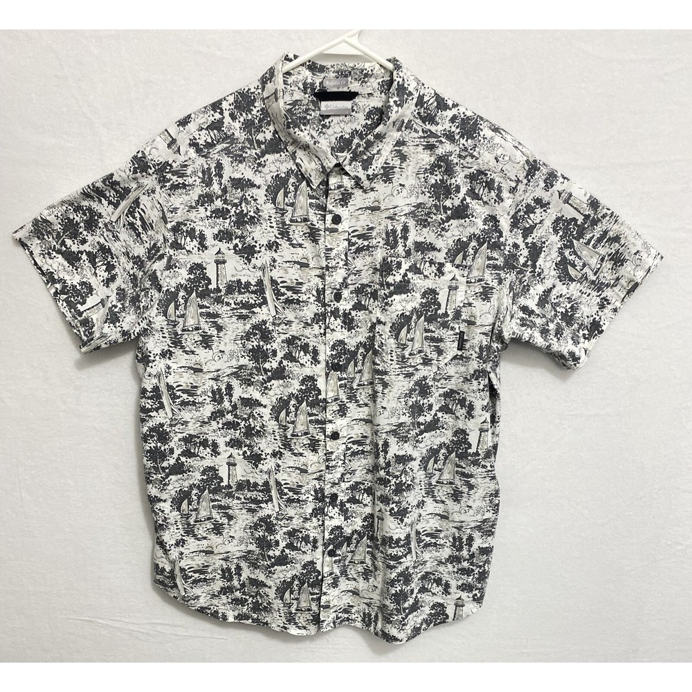 Columbia Button-Down Mens XL Graphic Boats Fishing Short Sleeve Gray White Shirt